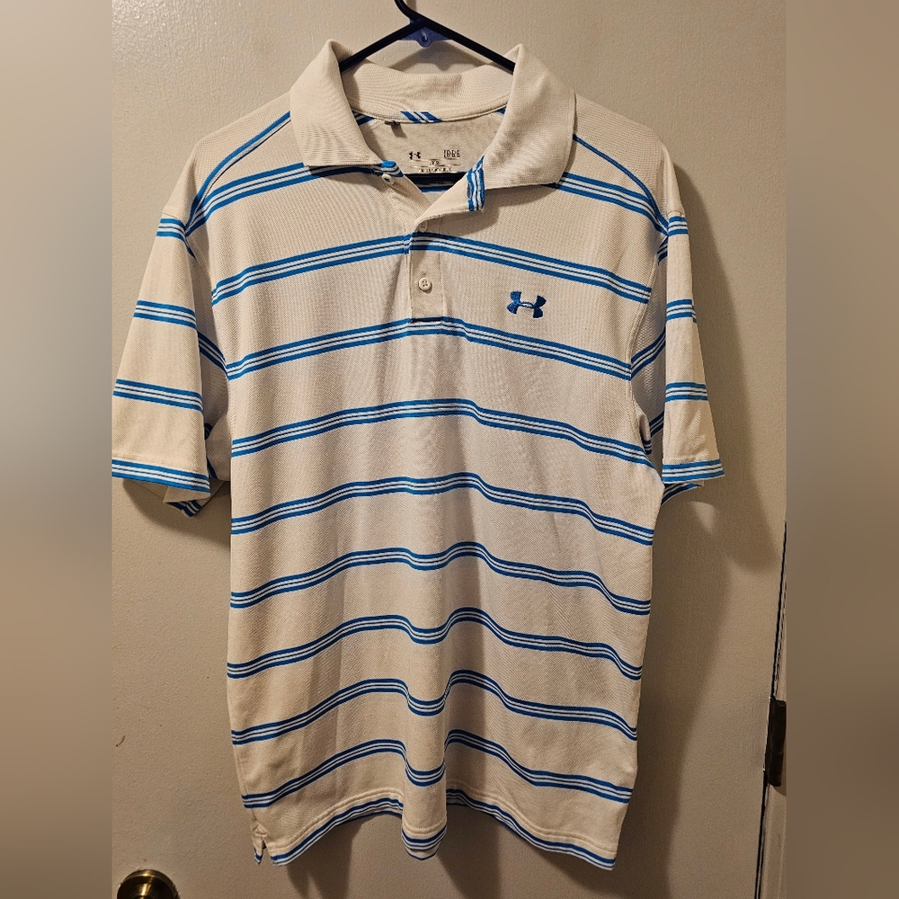Under Armour Heatgear Loose Polo Shirt Short Sleeve White/Blue Stripe Men’s Sz L